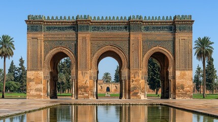 Obraz premium Ornate triple arched gateway reflected in pool, palm trees frame the scene