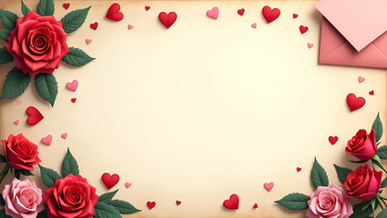 Classic Vintage Love Letters and Red Roses Border Frame: Nostalgic Copy Space for Heartfelt Valentine's Day Messages in Photo Stock Concept