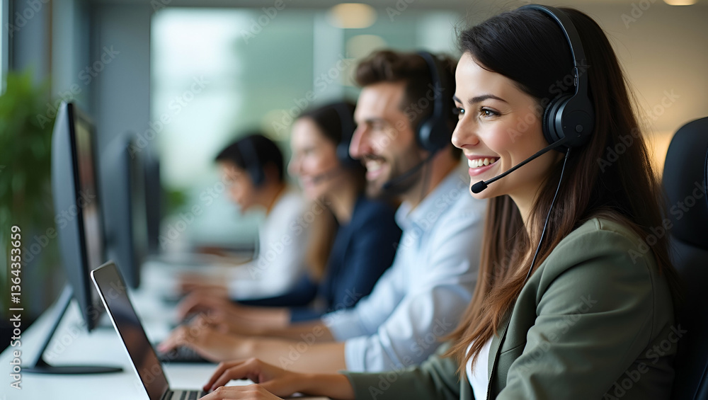 Poster smiling contract service telemarketing operator using laptop having conversation happy indian call c