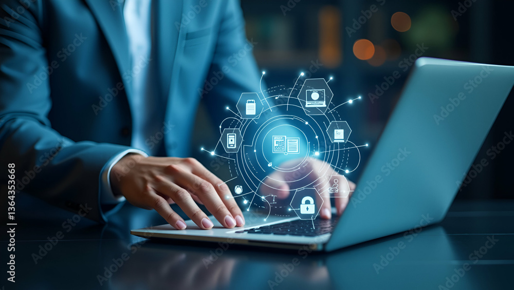 Poster flat businessman verifying electronic documents on laptop: managing online quality assurance in a pa