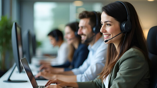 Smiling contract service telemarketing operator using laptop having conversation happy Indian call center agent wearing headset talking to client working in customer support office authentic shot. con