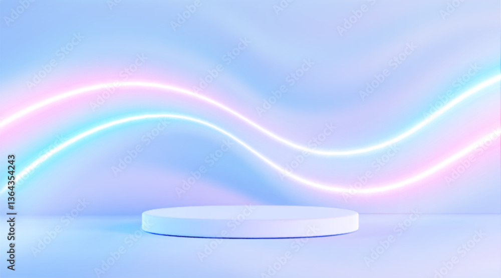 Poster hologram 3d stage with neon curved light waves on blue pastel gradient background. empty circular pl