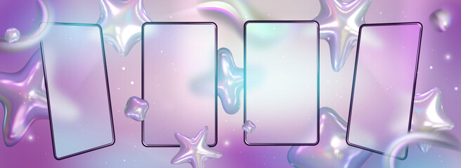 Purple pastel tablet and phone design. Glassmorphism screen smartphone. Transparent matt glass plates on the background 3d set  holographic stars . Cyber Design in y2k style and 90s design