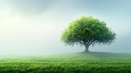 Obraz premium Solitary tree in a foggy field, serene countryside landscape misty