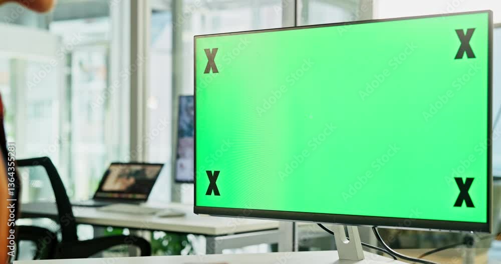 Aufkleber Green screen, computer and business person in office for web design, research and ui software. Creative agency, tracking markers and worker on tech for app development, ux and website on mockup space