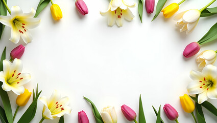 Graceful Easter Lilies and Vibrant Tulips Border Frame with Elegant Copy Space for Easter Messages - Perfect Photo Stock Concept for Your Easter Celebrations and Greetings