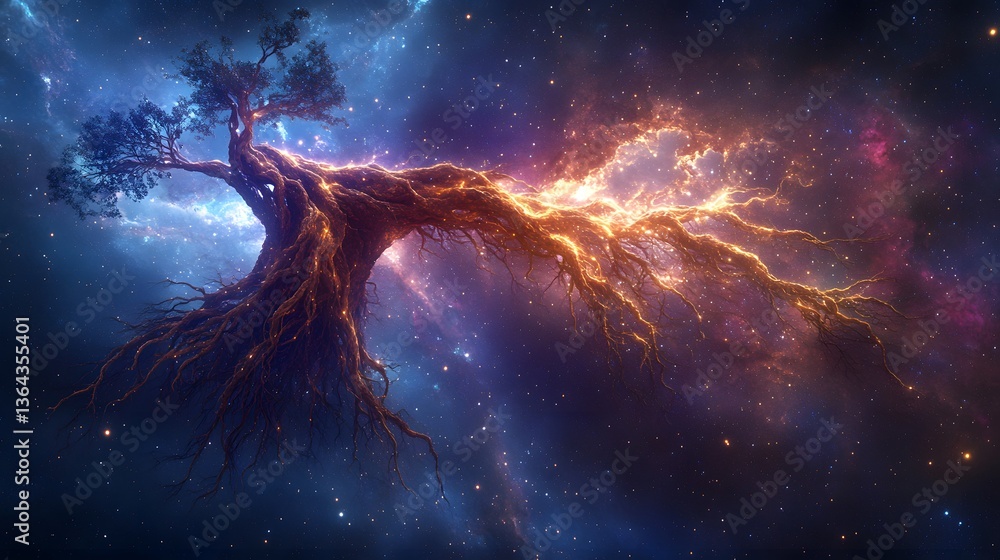 Poster enigmatic tree standing in the middle of a nebula with abstract flowing energy roots in deep space l