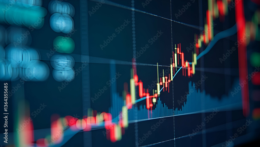Poster smart investment decisions: flat vector illustration of computer software analyzing stock market dat