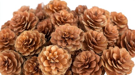 Obraz premium Pile of brown pinecones, tightly packed together, studio shot, white background