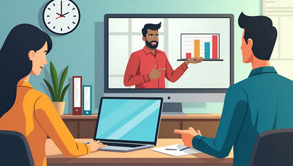 Enhance Team Skills with Online Video Conferences: A Cute Vector Illustration of Business Teams Conducting Webinars, Training Tutorials, and Coaching Sessions for Effective Development