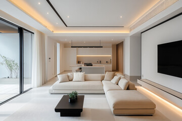 Fototapeta premium Modern living room with fireplace and contemporary furniture