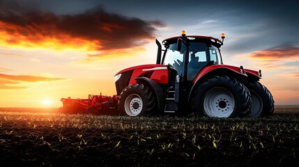 Red Tractor Plows Field at Sunset