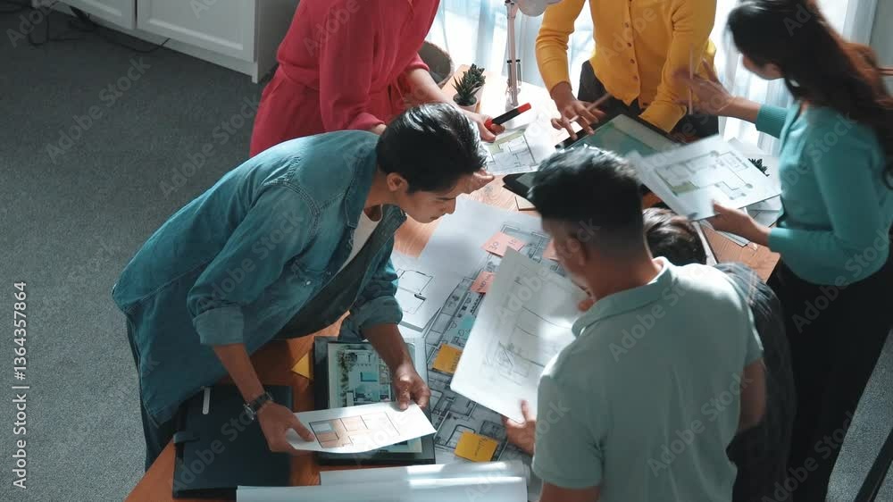 Poster time lapse of civil engineer team working together to plans building construction. top view of archi