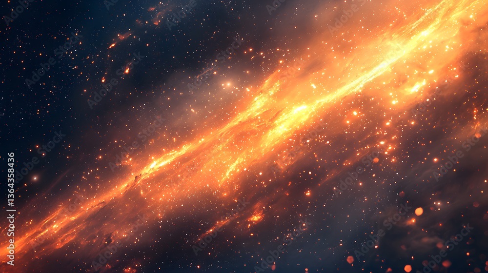Poster bright orange star surrounded by enigmatic cosmic rays creating a shimmering effect in the vastness 