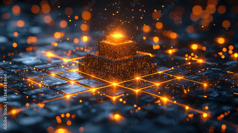 Aufkleber blockchain pyramid floats in a cybernetic world with luminous blocks and glowing energy lines in a f