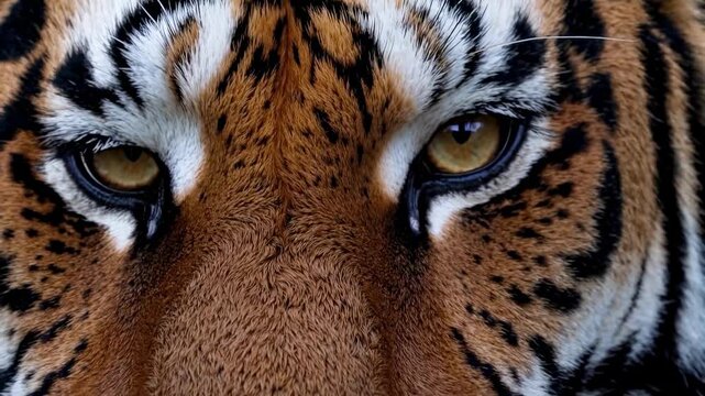 Close-up video shot of a tiger's intense gaze, capturing intricate fur details. The angle emphasizes the tiger's eyes, creating a dramatic, immersive effect.