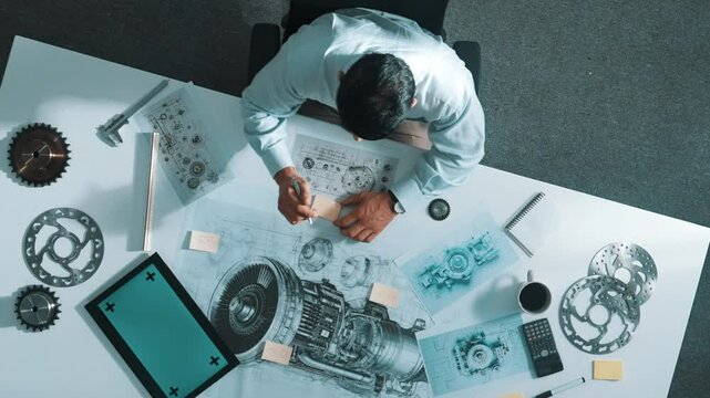 Top down view of skilled engineer writing and planning turbine engine design while sitting at meeting table with gear and electronic generator scatter around. Technician taking a note. Alimentation.