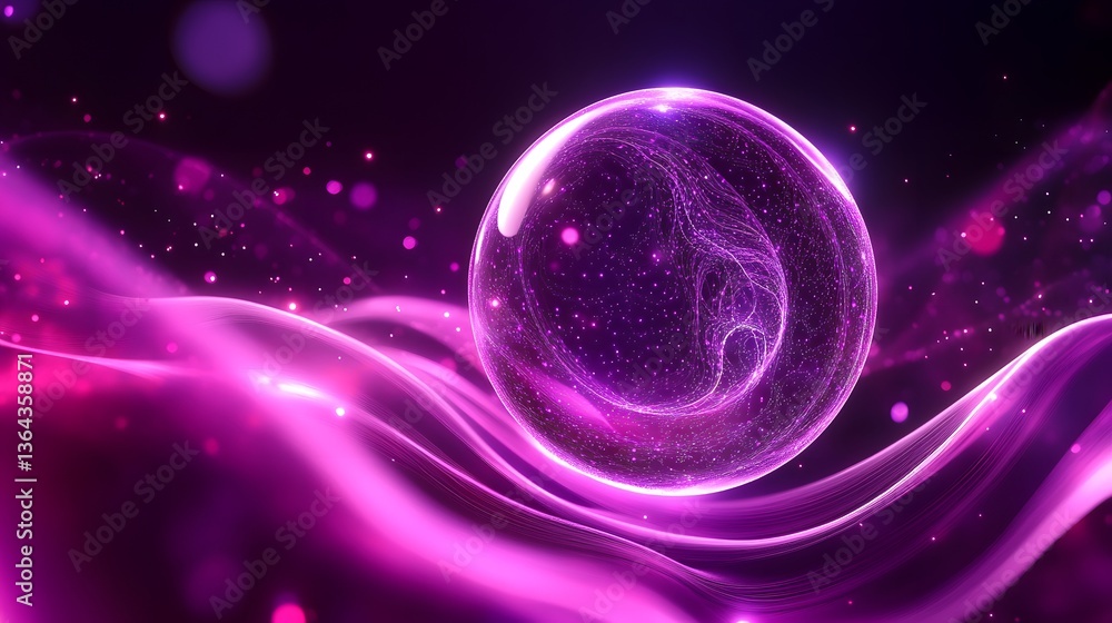 Poster floating sphere with a vibrant purple background representing fractal energy in a cosmic and surreal