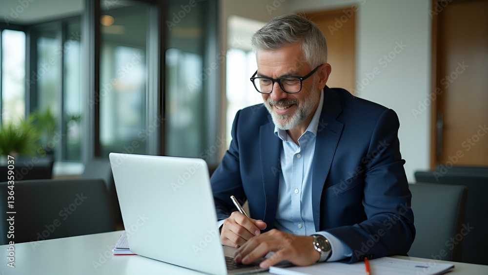 Poster smiling middle-aged ceo analyzing financial data with laptop and notebook in office environment