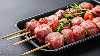 Raw meat skewers garnished with rosemary and cherry tomatoes on a black tray, ready for grilling.