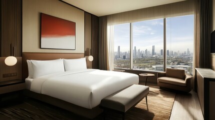 Fototapeta premium Luxury hotel room with city view modern design urban environment bright daylight relaxing ambiance