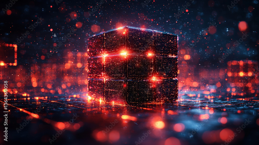 Poster floating blockchain pyramid in a cybernetic world with luminous blocks and glowing energy lines repr