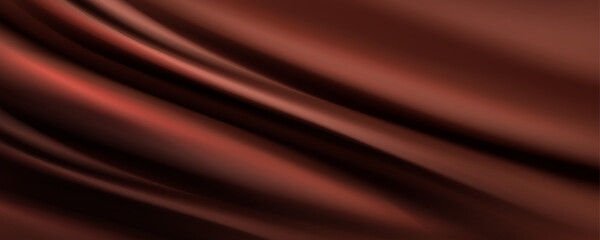 Liquid choco texture with wavy surface. Vector realistic illustration of molten dark chocolate, cocoa milk, mousse dessert, brown paint or satin cloth background, smooth ripples on creamy fluid splash