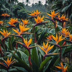 A field of exotic bird-of-paradise flowers growing in perfect harmony.