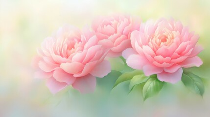Fototapeta premium Exquisite closeup, two pink peonies in full bloom on a blurred background two