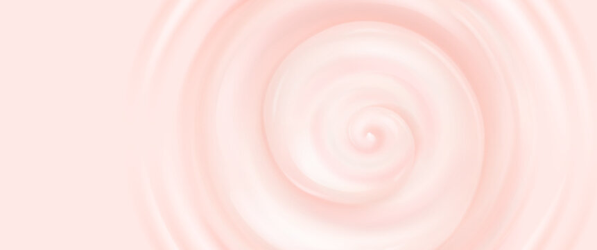 Pink cream texture with swirl on surface. Vector realistic illustration of strawberry yogurt vortex, fruit milk flow, creamy milkshake splash, ripples on skin care scrub, cosmetic fluid, vitamin serum