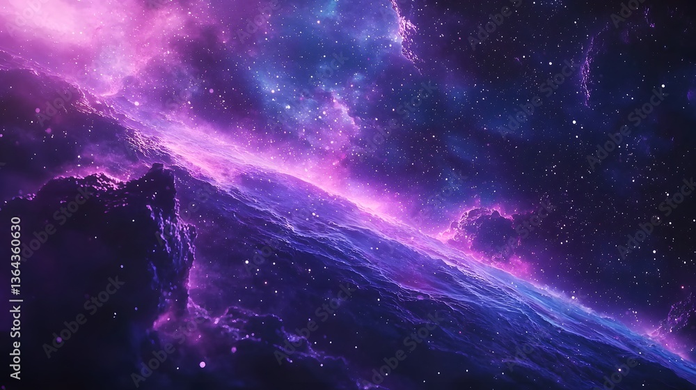 Poster enchanting purple nebula adorned with twinkling stars and soft cosmic rays filtering through a calmi