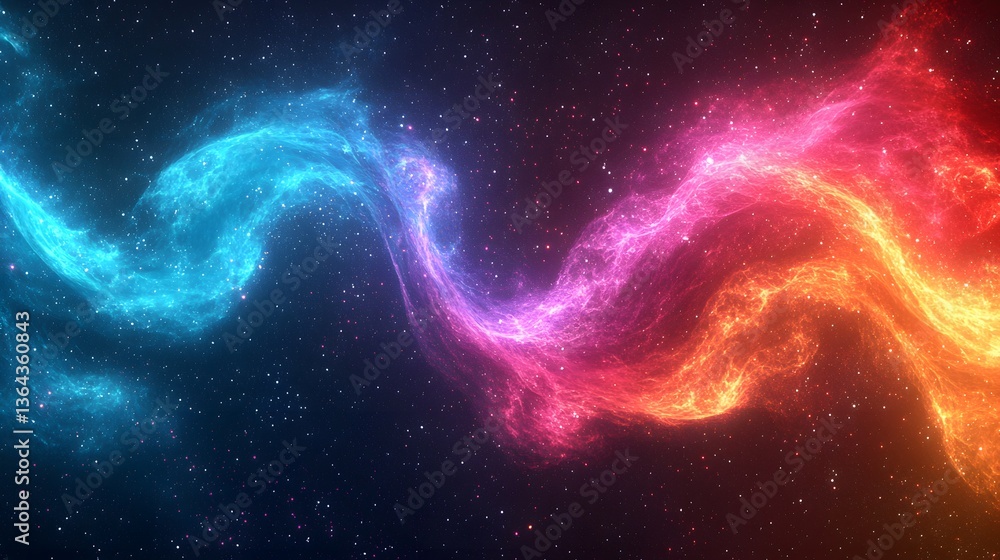 Poster dynamic display of two colorful galaxies engaged in a supercharged plasma loop of cosmic energy swir