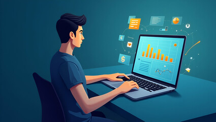 Flat Person using laptop analyzing digital advertising performance metrics and video ad campaign data symbolizing digital marketing analytics and customer engagement in empty space concept as Person a