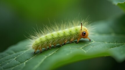 Fototapeta premium Close-up of a single hairy caterpillar on a broad leaf, soft green tones, detailed nature study aesthetic.
