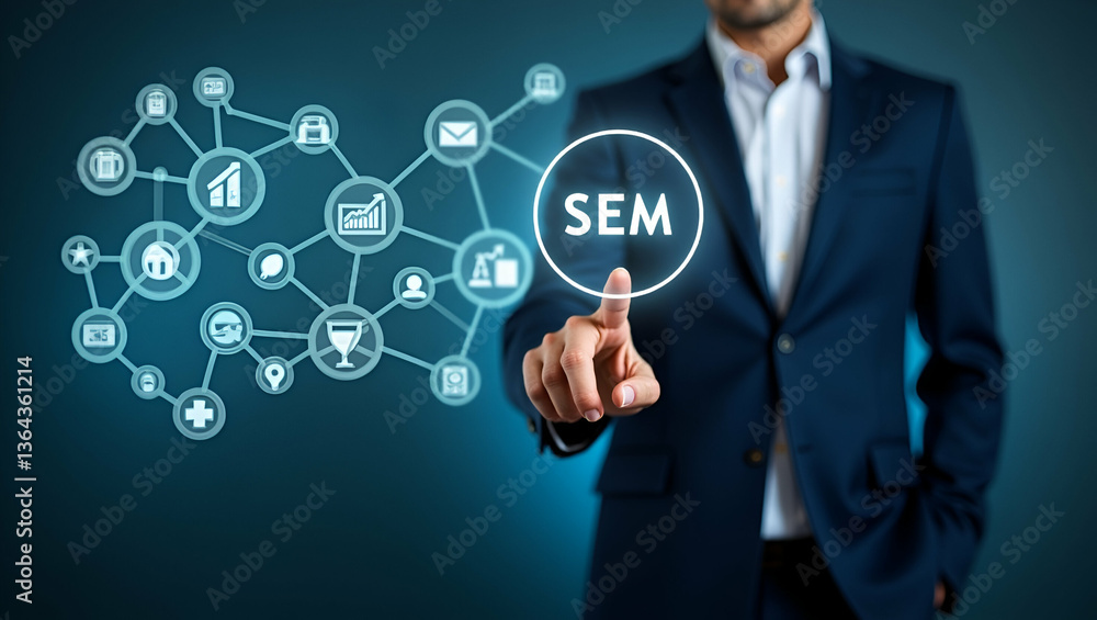 Poster businessman highlighting sem icons on digital interface: a visual guide to search engine marketing s