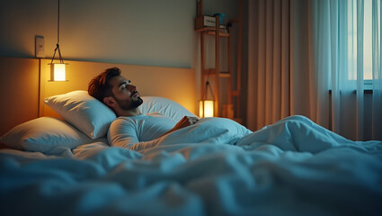 Flat Man Sleeping Peacefully in Cozy Bedroom: A Cute Vector Illustration Showcasing Restful Sleep and a Comfortable Environment for Relaxation and Rejuvenation