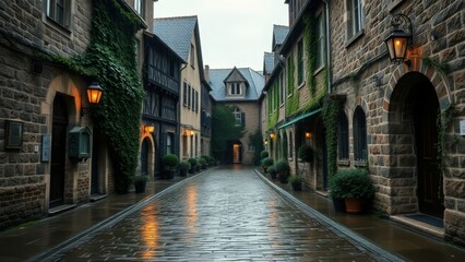 Obraz premium Charming Village Lane After Rainfall