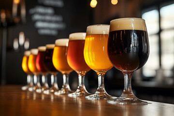 A row of beer glasses with different types and colors lined up on the bar counter