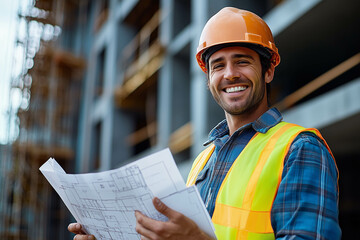 A smiling male construction worker wearing a helmet and high-visibility vest stands in front of an unfinished building