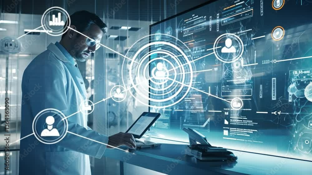 Poster scientist analyzing data: a focused scientist, immersed in a futuristic laboratory, meticulously ana