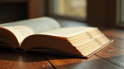 An open book with softly curved pages resting on a wooden table, warm natural light illuminating the paper texture