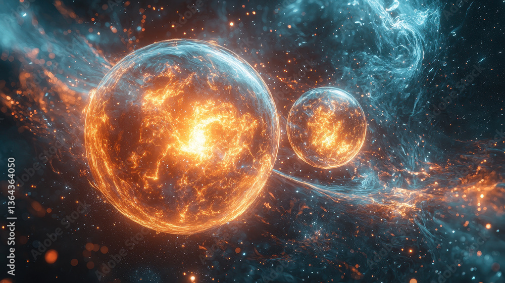 Aufkleber conceptual visualization of quantum entanglement with glowing particles connected by energy strands 