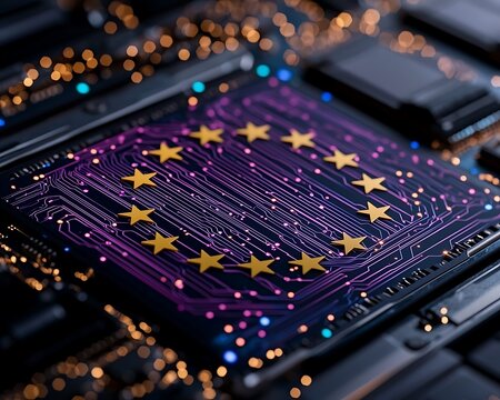 EU Flag on Circuit Board - Powered by Adobe