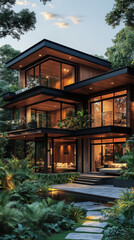 Fototapeta premium Traditional wooden house in a peaceful garden by the lake with a scenic view of nature and trees under a clear sky