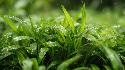 Obraz premium Green grass blades are covered in rain drops during a gentle shower. It conveys freshness, renewal, and nature's beauty.