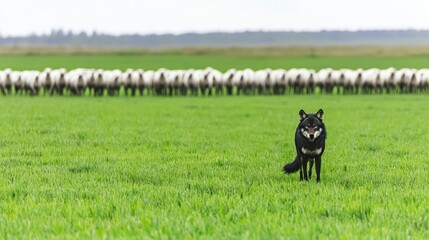 Fototapeta premium Lone Wolf in Green Pasture Sheep Flock Background Wildlife Photography