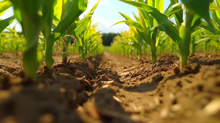  Close-up view of young green corn plants in a field