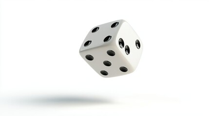 A white dice floating against a plain white background surface
