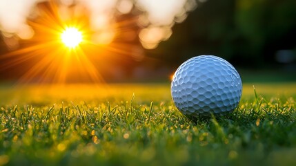 Golf Ball on Grass with Sunlight and Sunset Background