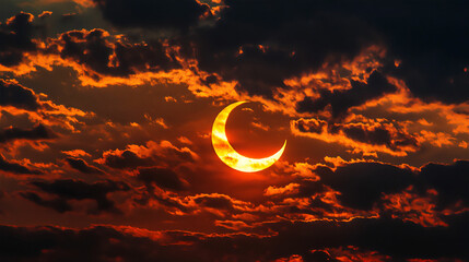 Obraz premium Celestial Embrace: The mesmerizing spectacle of a solar eclipse, where the moon partially obscures the sun. A dramatic view of a fiery celestial event and the ethereal glow through the clouds.